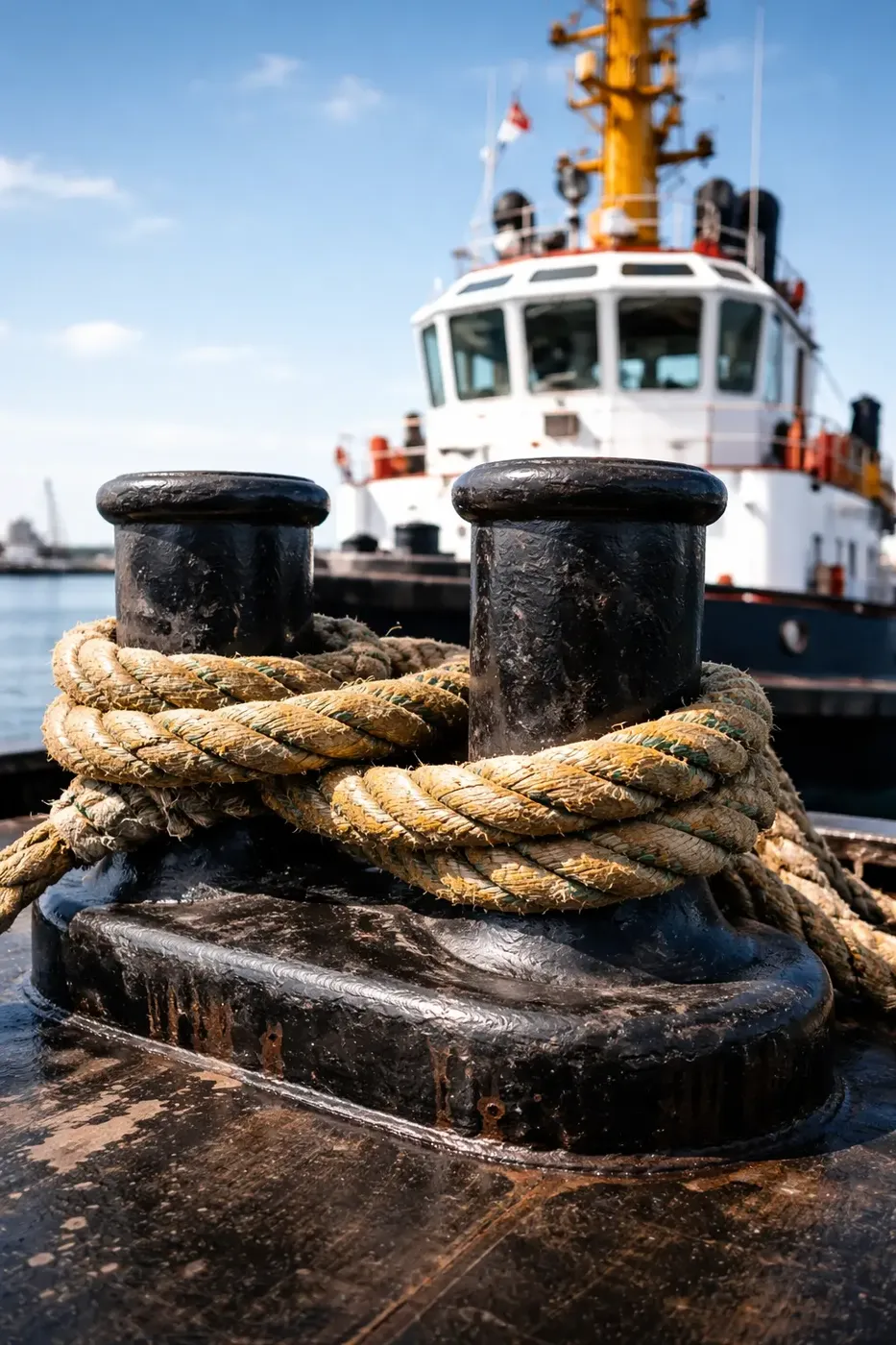 Working tugboat moored at a maritime dock